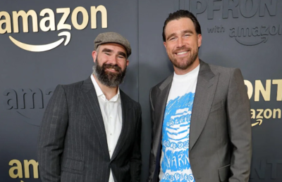 Travis Kelce attends the Amazon MGM Studios 2025 Upfront at Beacon Theatre with brother Jason Kelce